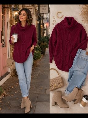 Express Burgundy Cable Knit Cowl Neck Sweater Tunic Medium Cozy Fall Berry Wine